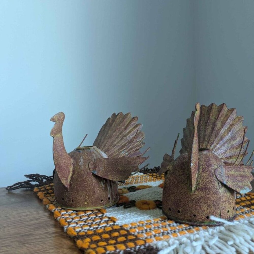 Vintage Metal Turkey Candle Holders Folk Art